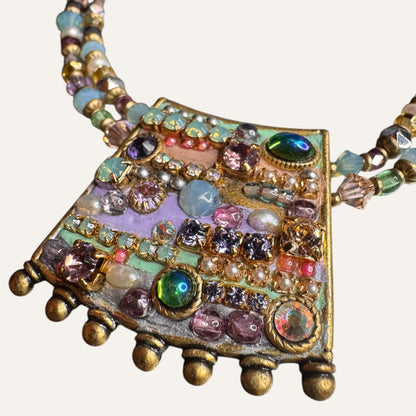 Michal Golan Artisan Mosaic Pendant Necklace – Natural Pearls, Glass, Mixed Media | Double Strand Statement