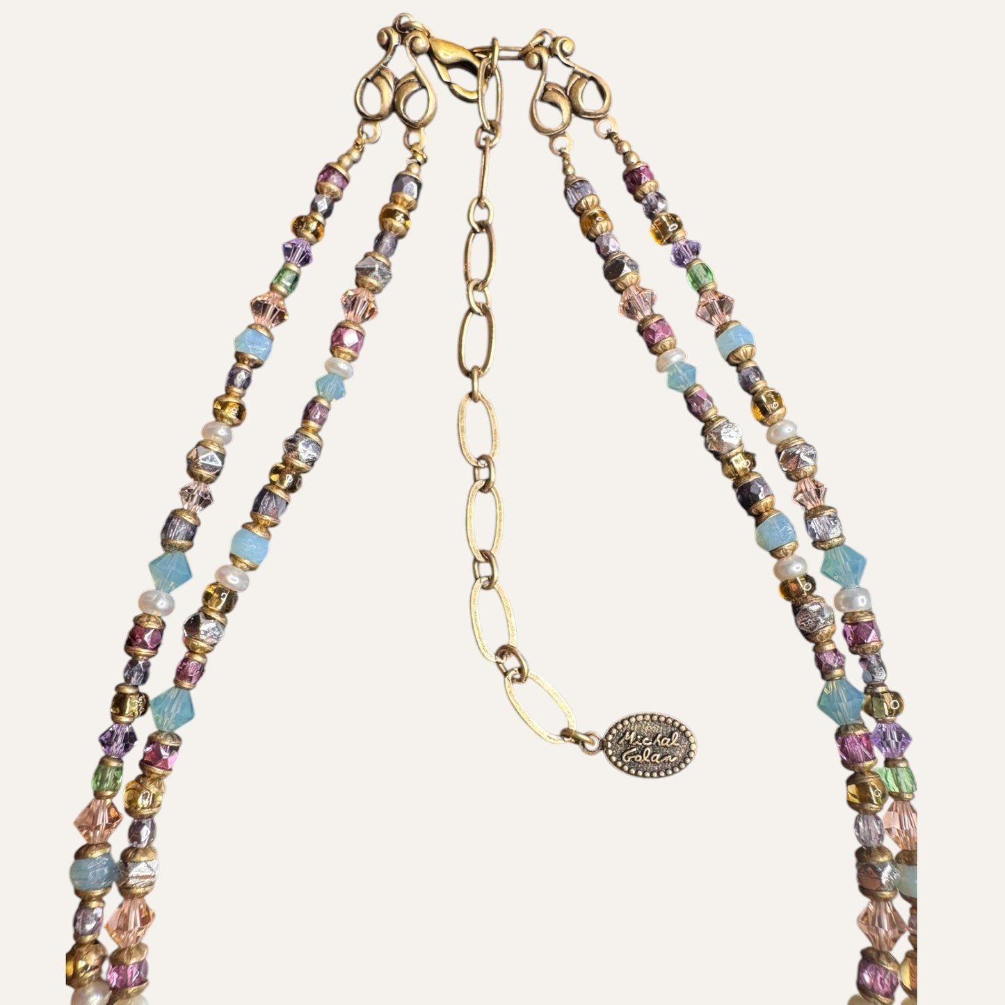 Michal Golan Artisan Mosaic Pendant Necklace – Natural Pearls, Glass, Mixed Media | Double Strand Statement