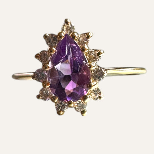 Vintage 14K Gold Pear Cut Amethyst & Diamond Halo Ring