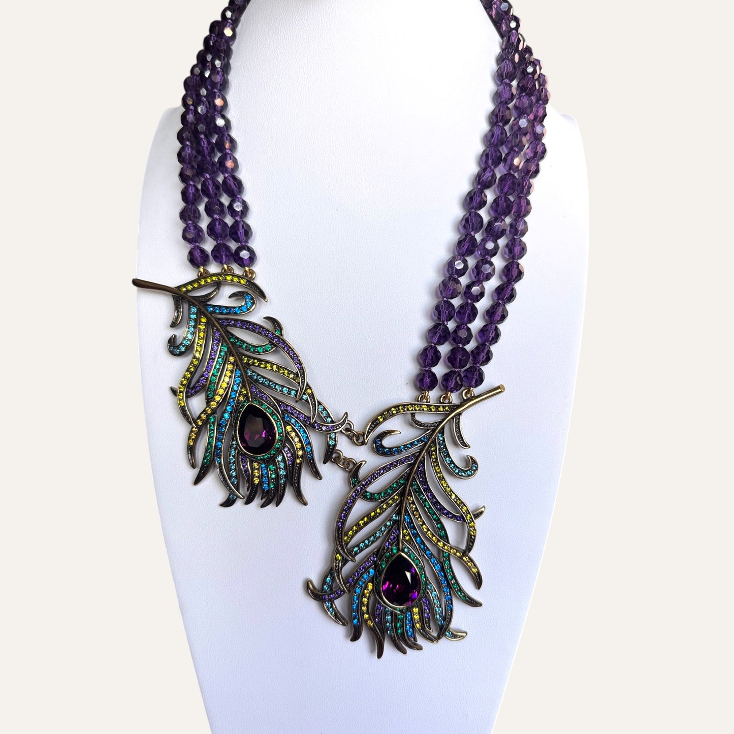 Heidi Daus Multi-Strand Amethyst Crystal Peacock Feather Statement Necklace