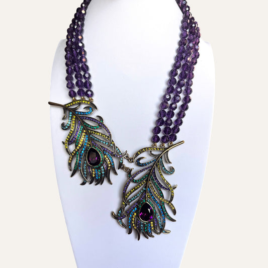 Heidi Daus Multi-Strand Amethyst Crystal Peacock Feather Statement Necklace