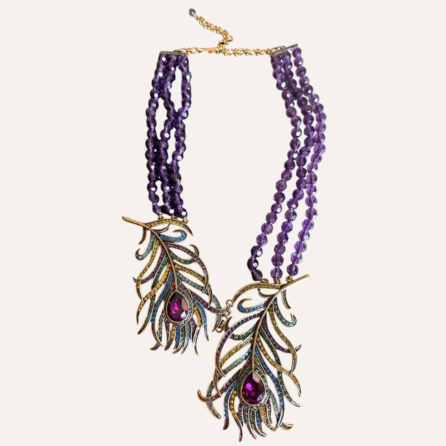 Heidi Daus Multi-Strand Amethyst Crystal Peacock Feather Statement Necklace