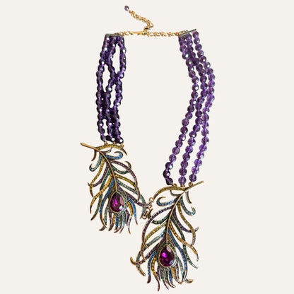 Heidi Daus Multi-Strand Amethyst Crystal Peacock Feather Statement Necklace