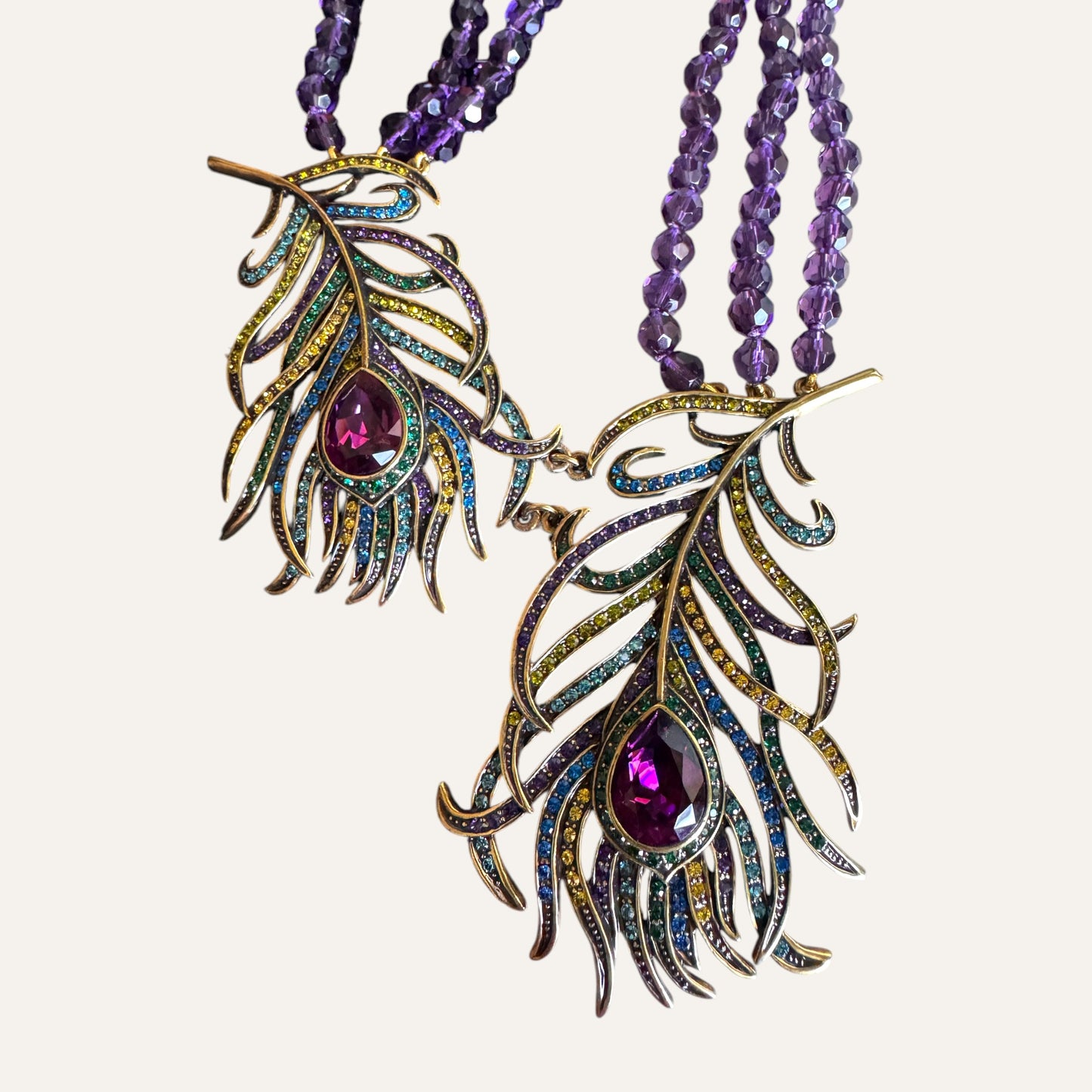 Heidi Daus Multi-Strand Amethyst Crystal Peacock Feather Statement Necklace