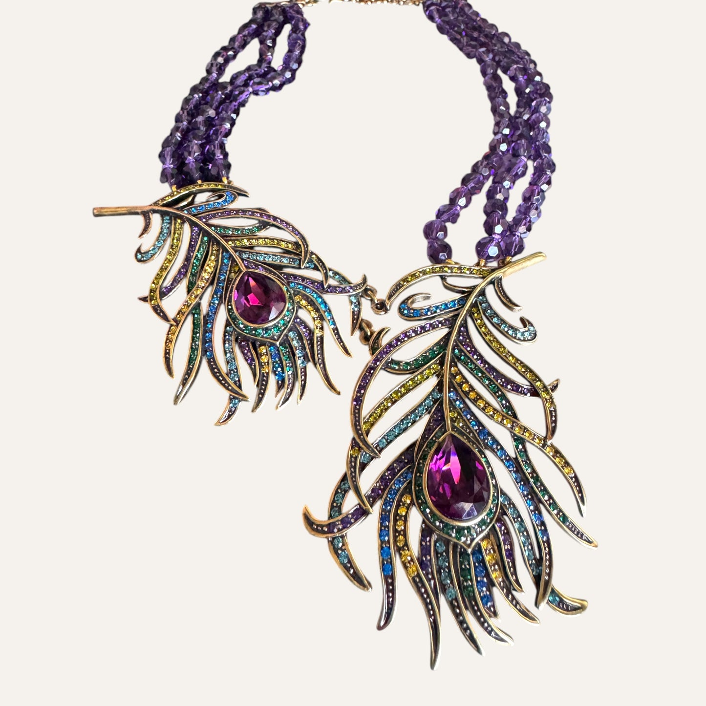Heidi Daus Multi-Strand Amethyst Crystal Peacock Feather Statement Necklace