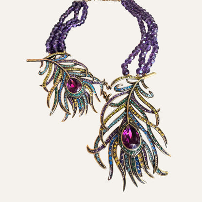 Heidi Daus Multi-Strand Amethyst Crystal Peacock Feather Statement Necklace