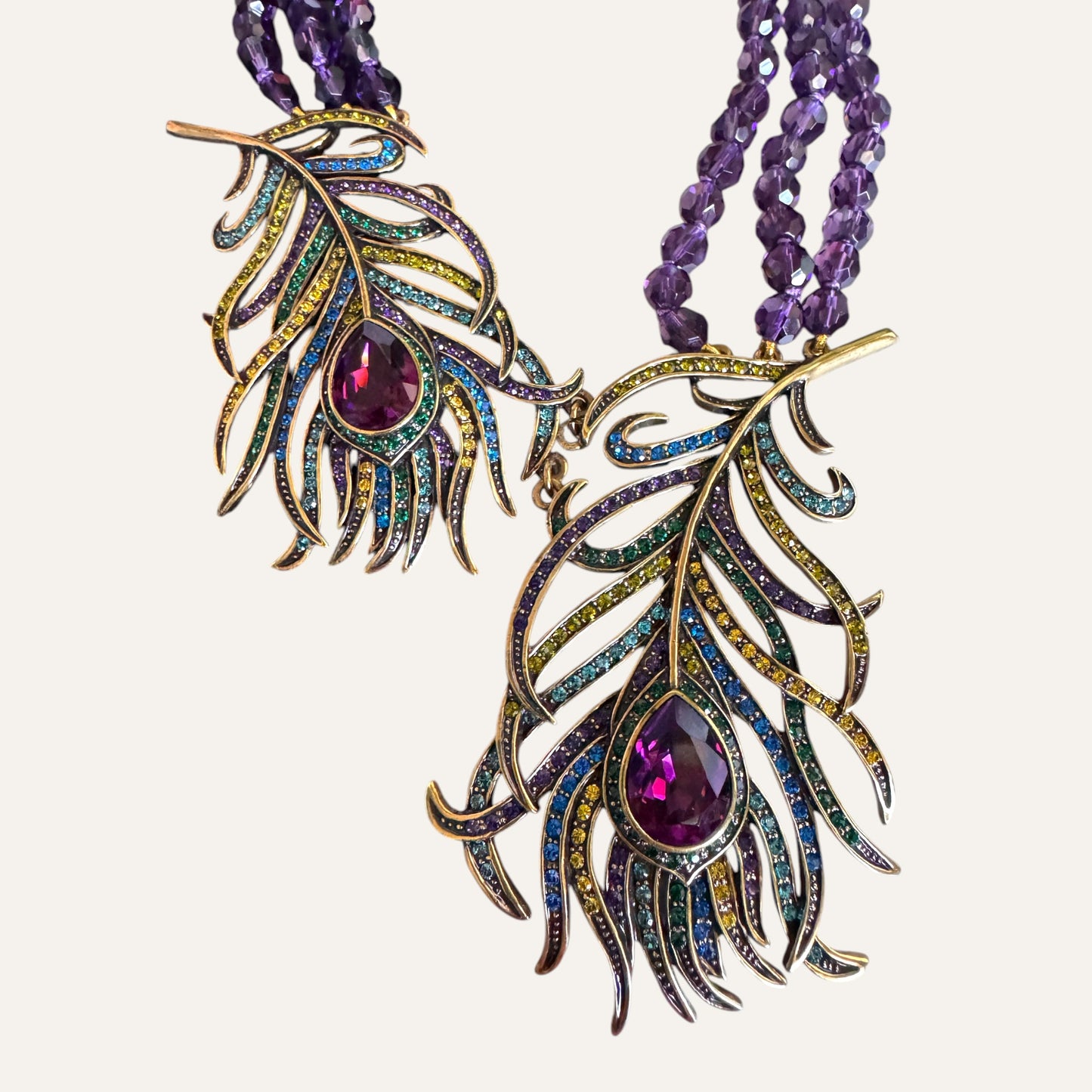 Heidi Daus Multi-Strand Amethyst Crystal Peacock Feather Statement Necklace