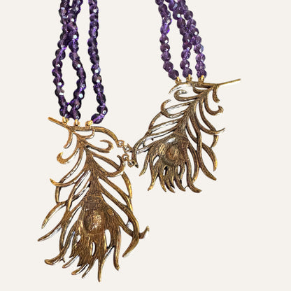 Heidi Daus Multi-Strand Amethyst Crystal Peacock Feather Statement Necklace