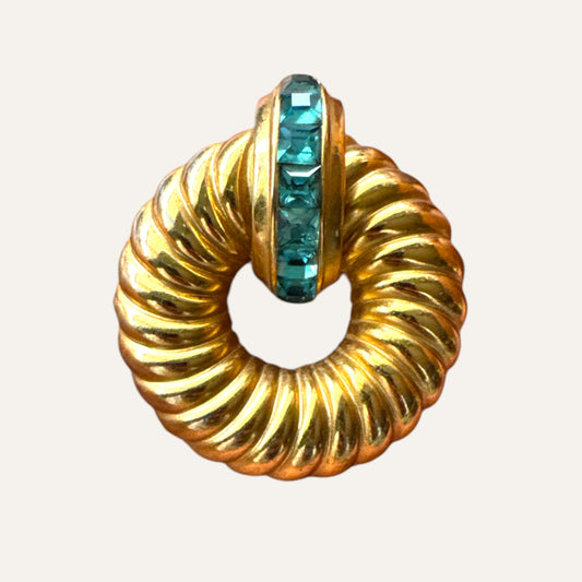 Vintage Coro Sculptural Ribbon Brooch with Blue Crystal Accent