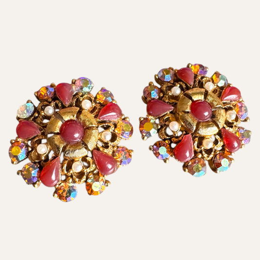 Vintage Florenza Floral Cluster Clip-On Earrings – Coral Glass, Aurora Borealis & Faux Pearl, Gold Tone