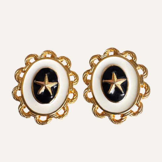 Vintage Braided Rope Border Nautical Star Enamel Oval Statement Earrings