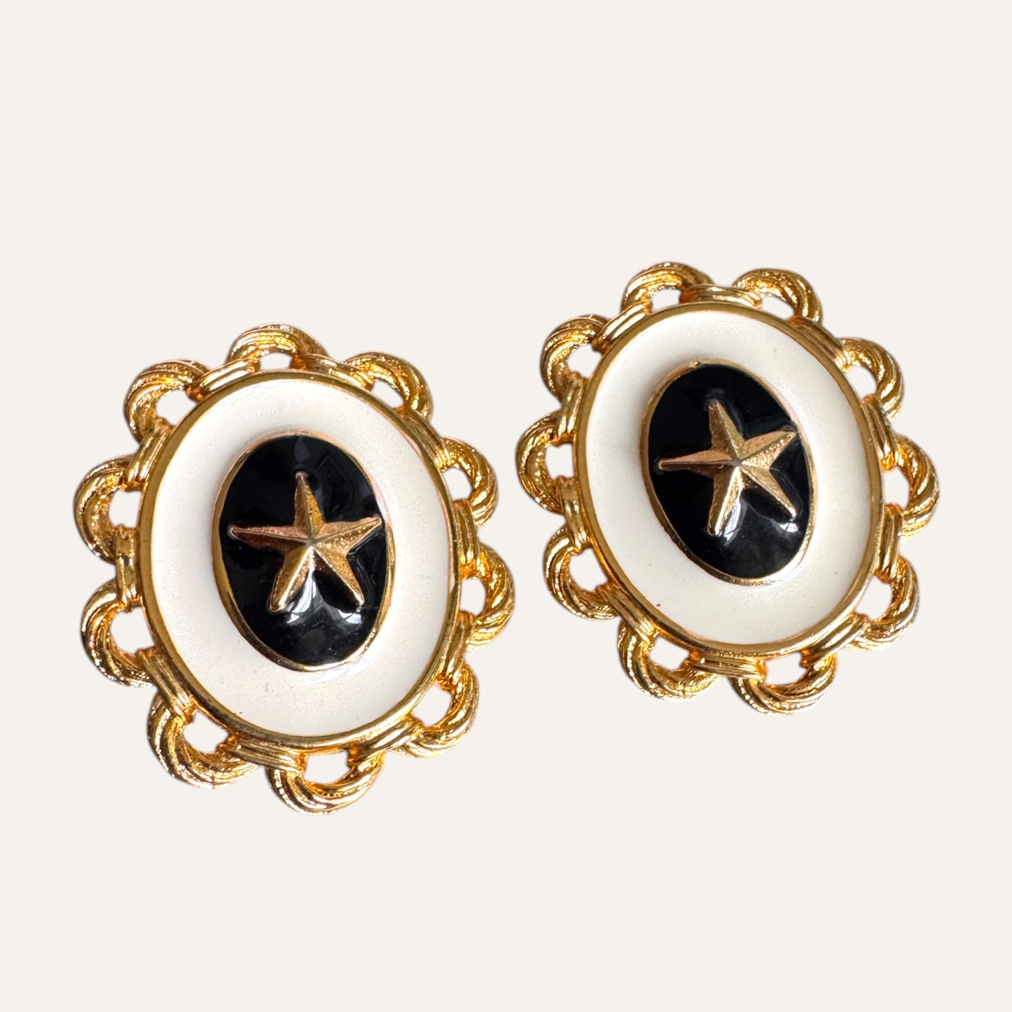 Vintage Braided Rope Border Nautical Star Enamel Oval Statement Earrings