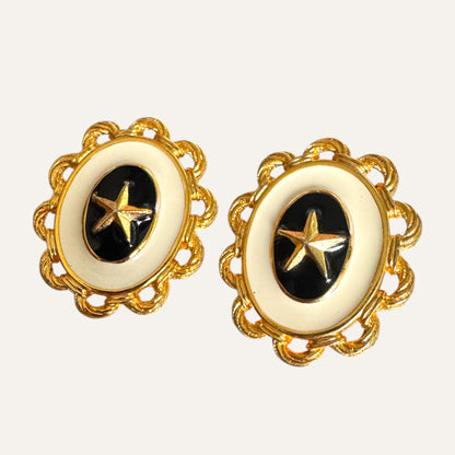 Vintage Braided Rope Border Nautical Star Enamel Oval Statement Earrings