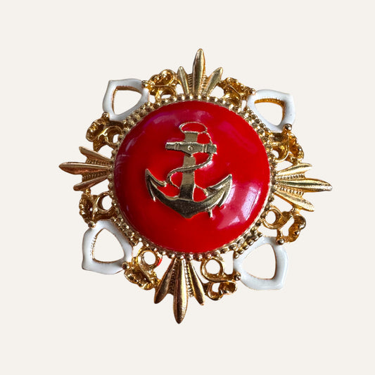 Vintage Nautical Anchor Brooch – Domed Red Enamel Center, Gold Tone Openwork Frame, White Enamel Accents