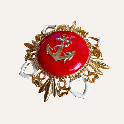 Vintage Nautical Anchor Brooch – Domed Red Enamel Center, Gold Tone Openwork Frame, White Enamel Accents