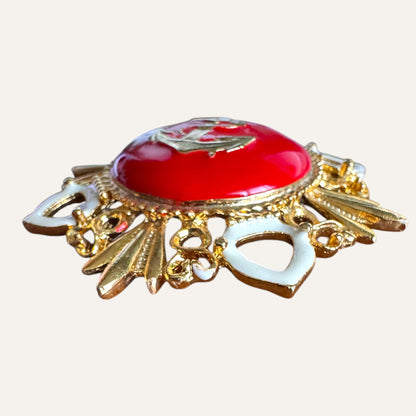 Vintage Nautical Anchor Brooch – Domed Red Enamel Center, Gold Tone Openwork Frame, White Enamel Accents