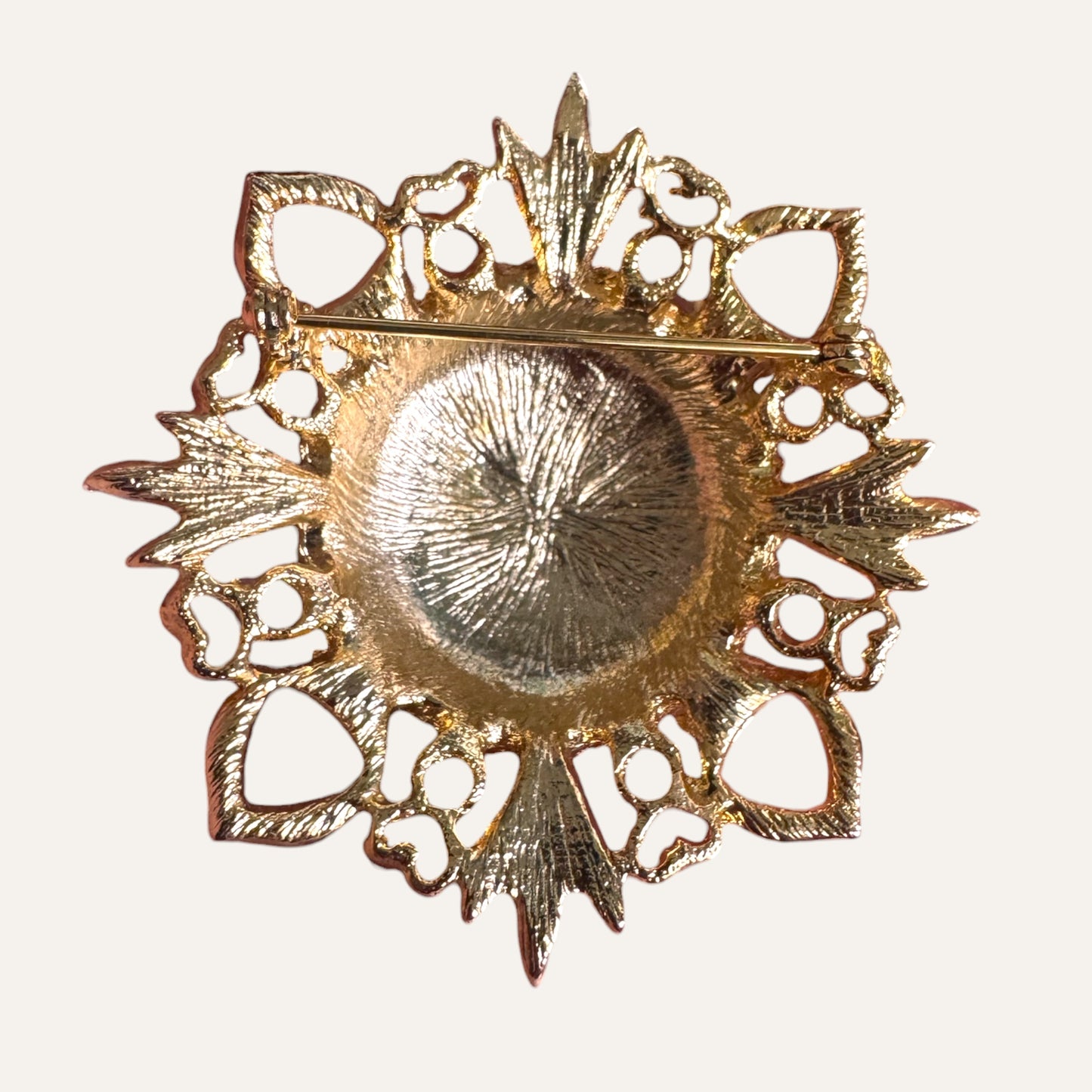 Vintage Nautical Anchor Brooch – Domed Red Enamel Center, Gold Tone Openwork Frame, White Enamel Accents