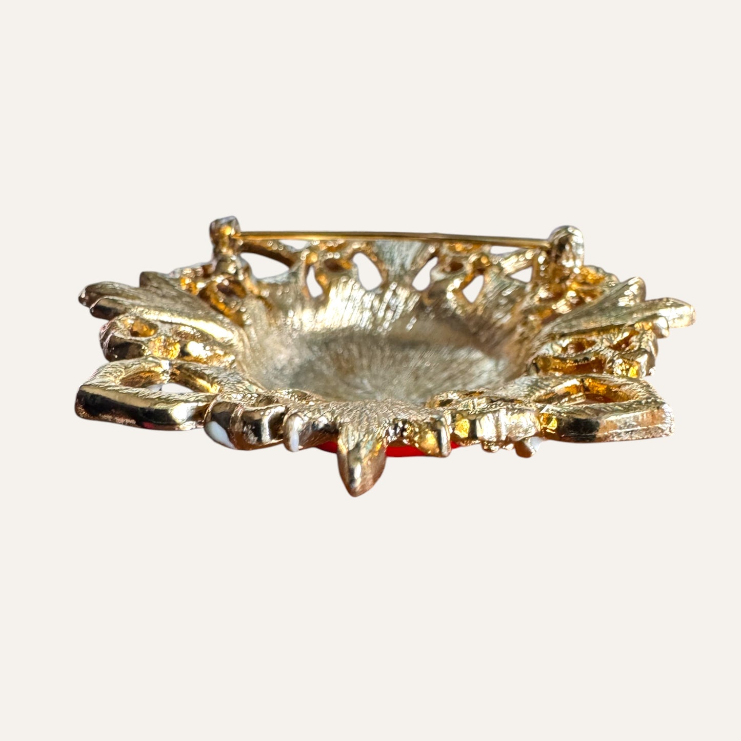 Vintage Nautical Anchor Brooch – Domed Red Enamel Center, Gold Tone Openwork Frame, White Enamel Accents