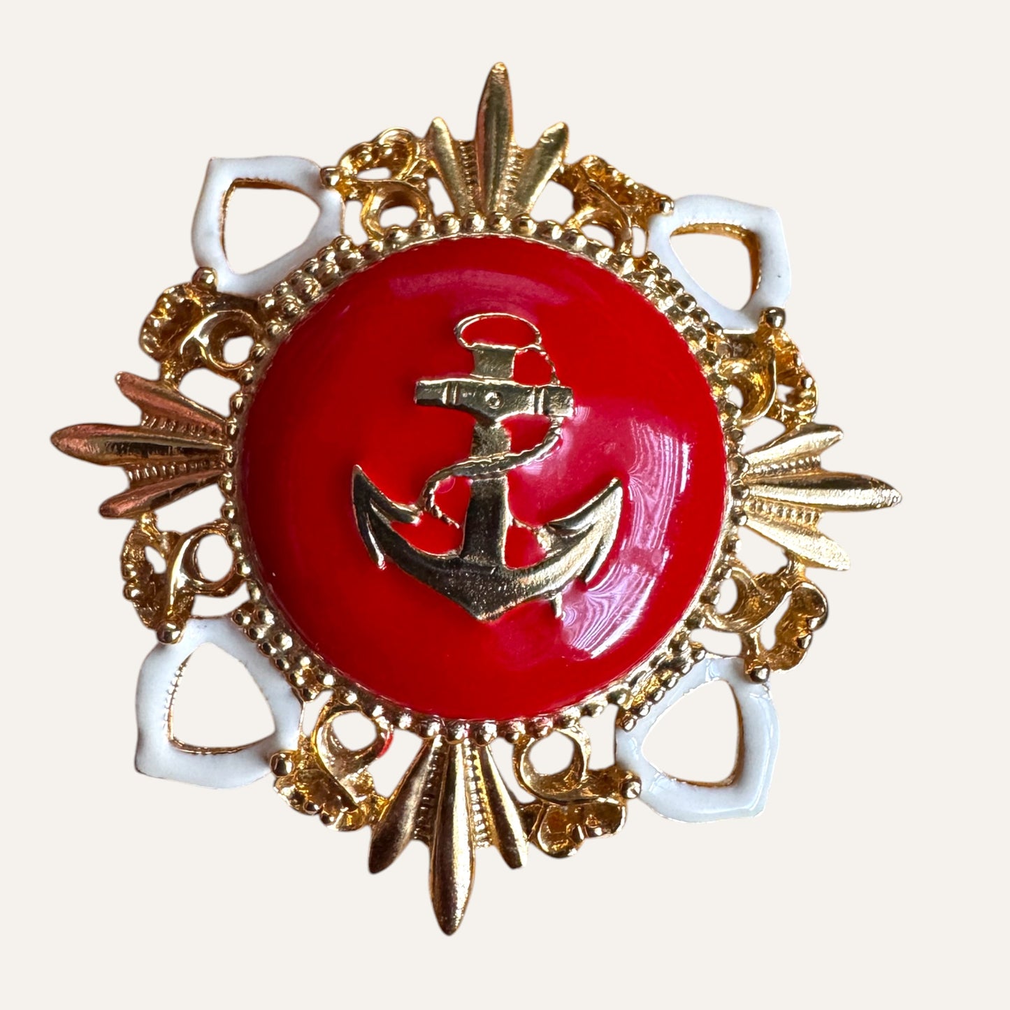 Vintage Nautical Anchor Brooch – Domed Red Enamel Center, Gold Tone Openwork Frame, White Enamel Accents