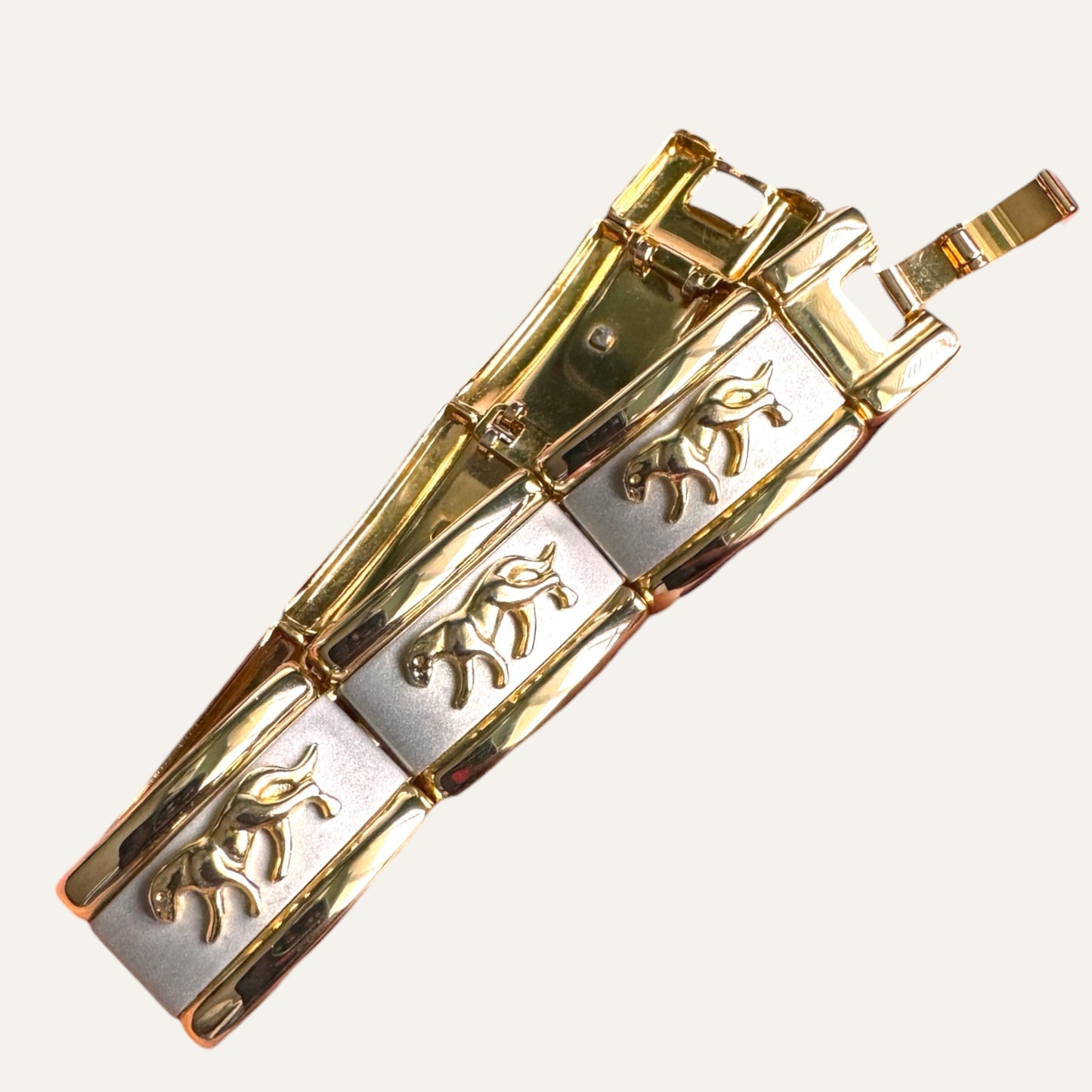 Sculptural Panther Link Bracelet in Two-Tone Gold & Satin Silver | Bold Vintage Statement