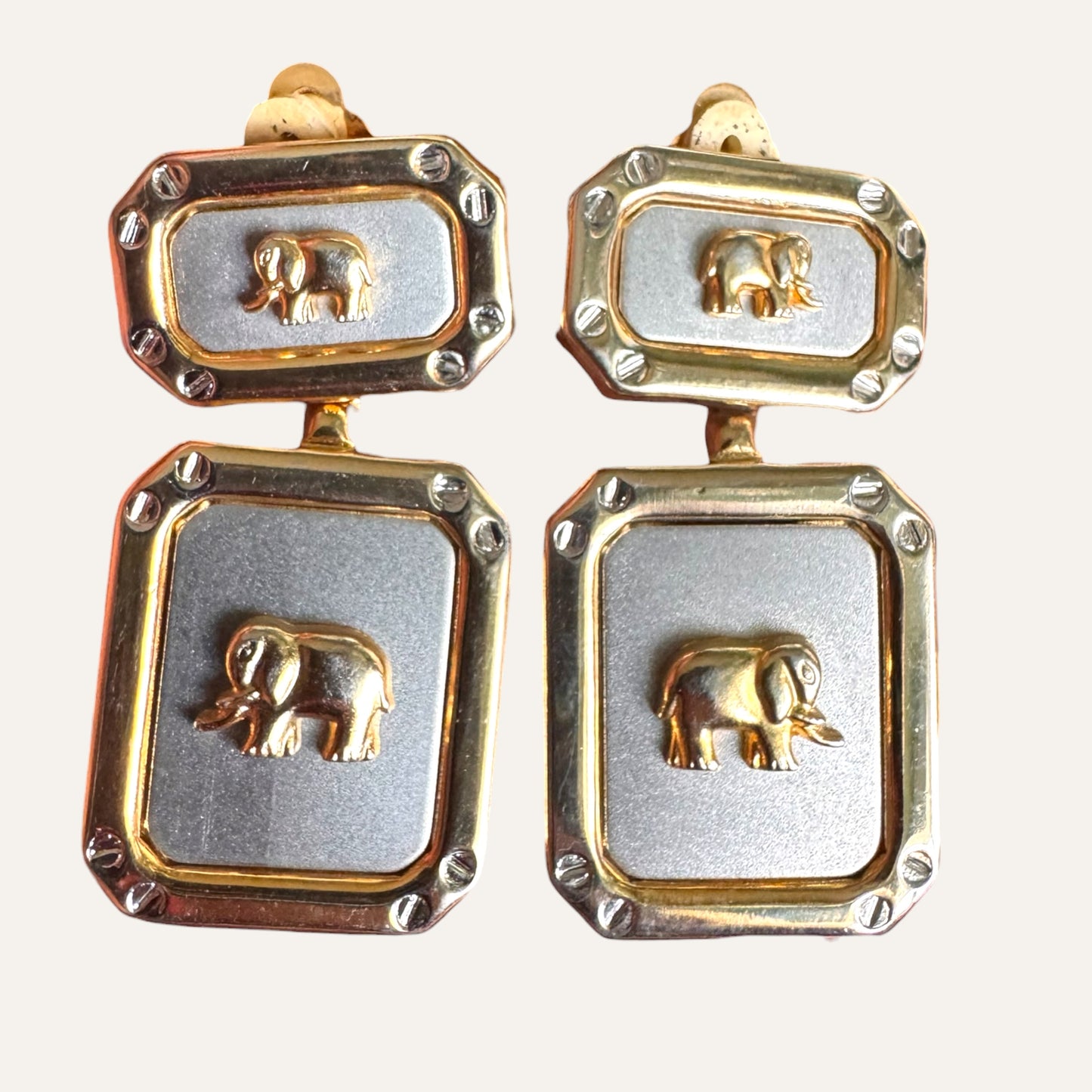 Vintage Bijoux Elephant Double-Panel Drop Earrings in Two-Tone Gold & Satin Silver | Sculptural Statement