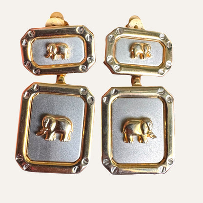 Vintage Bijoux Elephant Double-Panel Drop Earrings in Two-Tone Gold & Satin Silver | Sculptural Statement