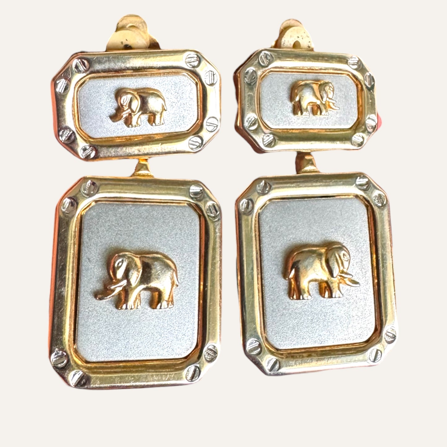 Vintage Bijoux Elephant Double-Panel Drop Earrings in Two-Tone Gold & Satin Silver | Sculptural Statement