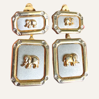 Vintage Bijoux Elephant Double-Panel Drop Earrings in Two-Tone Gold & Satin Silver | Sculptural Statement