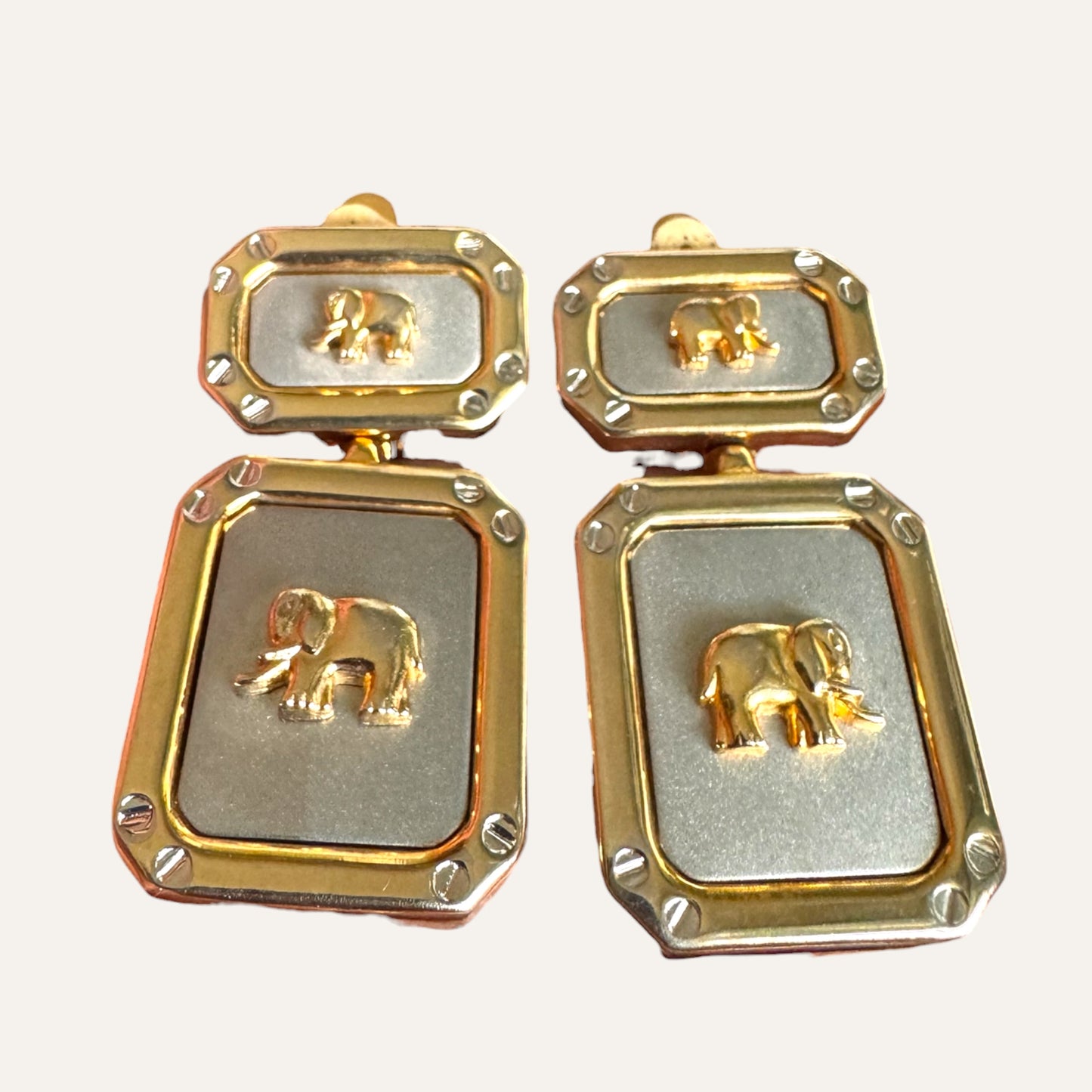 Vintage Bijoux Elephant Double-Panel Drop Earrings in Two-Tone Gold & Satin Silver | Sculptural Statement