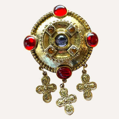 Byzantine Revival Medallion Brooch with Ruby Lucite Cabochons and Cross Dangles