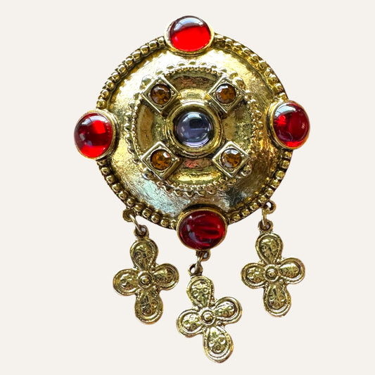 Byzantine Revival Medallion Brooch with Ruby Lucite Cabochons and Cross Dangles