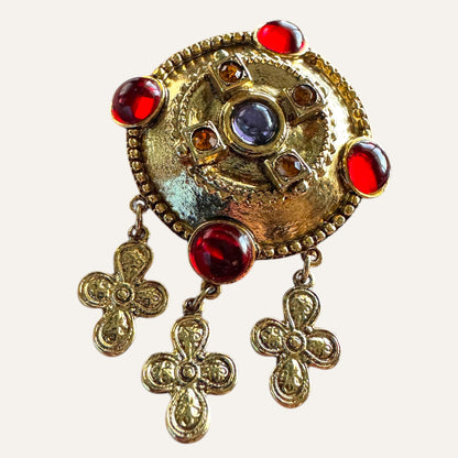 Byzantine Revival Medallion Brooch with Ruby Lucite Cabochons and Cross Dangles
