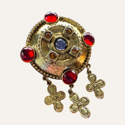 Byzantine Revival Medallion Brooch with Ruby Lucite Cabochons and Cross Dangles