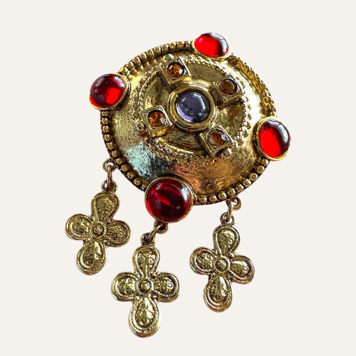 Byzantine Revival Medallion Brooch with Ruby Lucite Cabochons and Cross Dangles