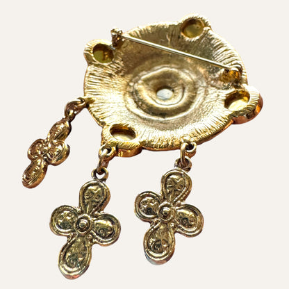 Byzantine Revival Medallion Brooch with Ruby Lucite Cabochons and Cross Dangles