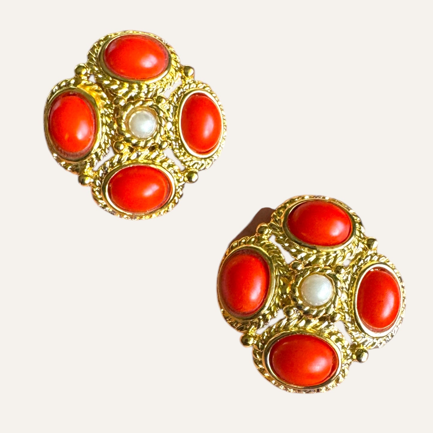 Vintage Byzantine Revival Style Clip-On Earrings with Orange Lucite Cabochons
