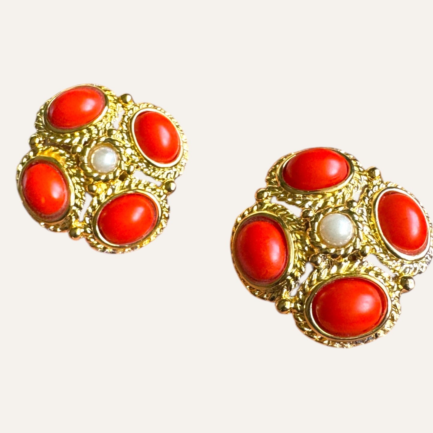 Vintage Byzantine Revival Style Clip-On Earrings with Orange Lucite Cabochons