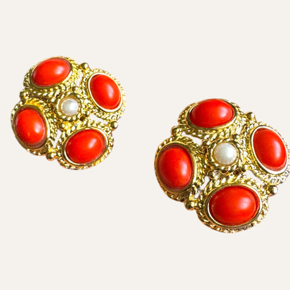 Vintage Byzantine Revival Style Clip-On Earrings with Orange Lucite Cabochons