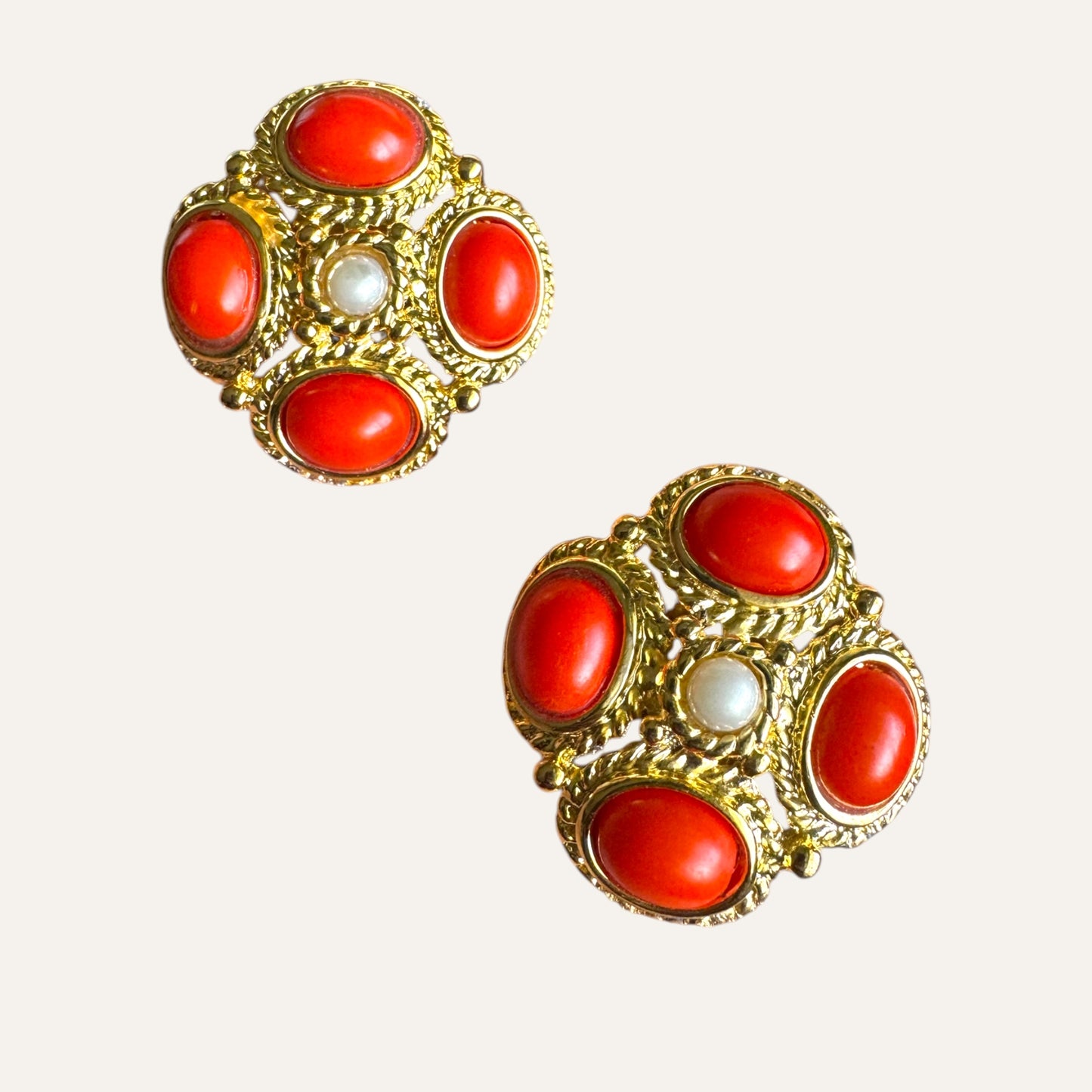 Vintage Byzantine Revival Style Clip-On Earrings with Orange Lucite Cabochons