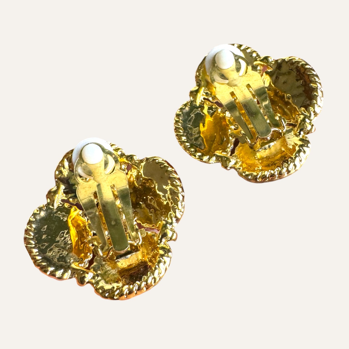 Vintage Byzantine Revival Style Clip-On Earrings with Orange Lucite Cabochons
