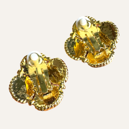 Vintage Byzantine Revival Style Clip-On Earrings with Orange Lucite Cabochons