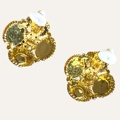 Vintage Byzantine Revival Style Clip-On Earrings with Orange Lucite Cabochons