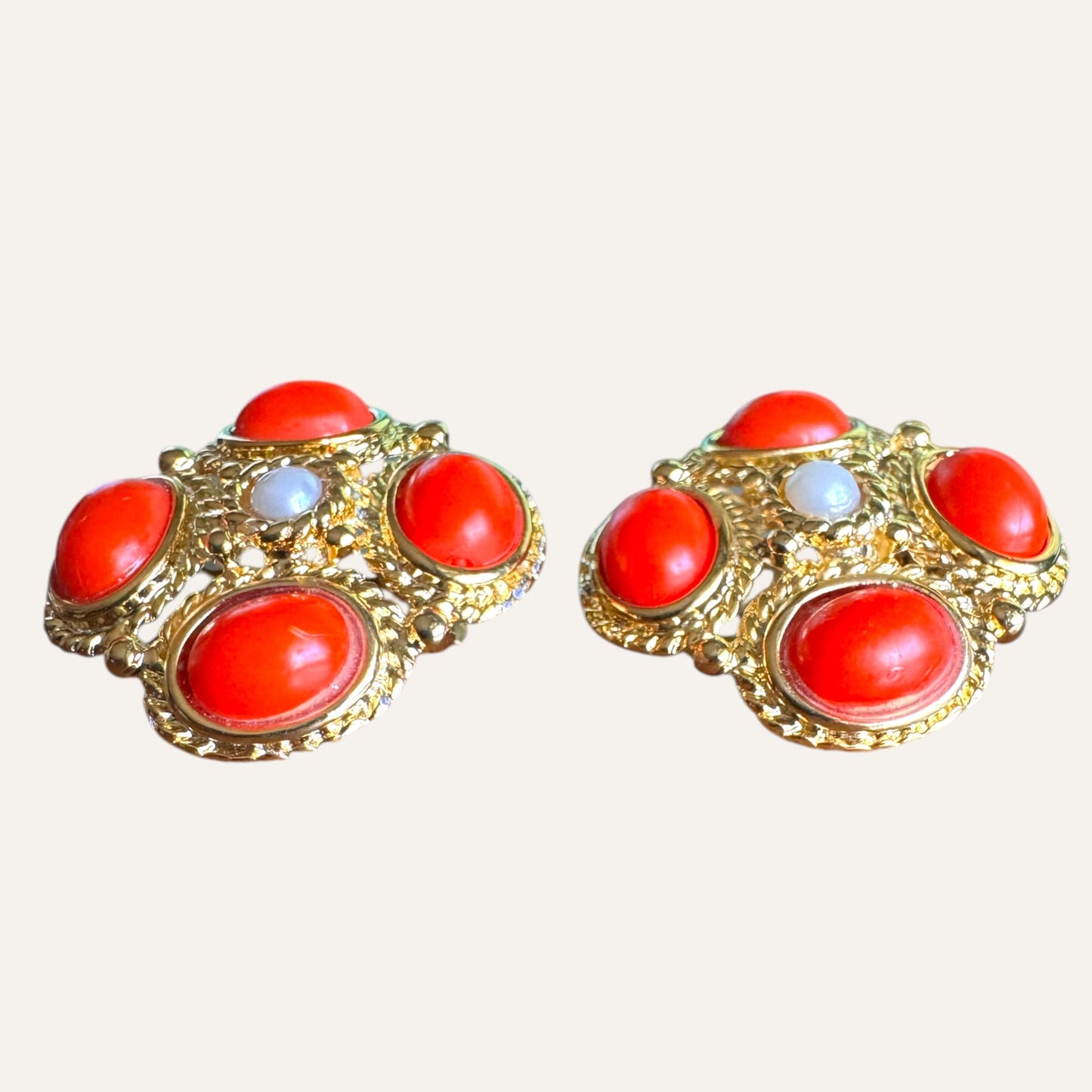 Vintage Byzantine Revival Style Clip-On Earrings with Orange Lucite Cabochons