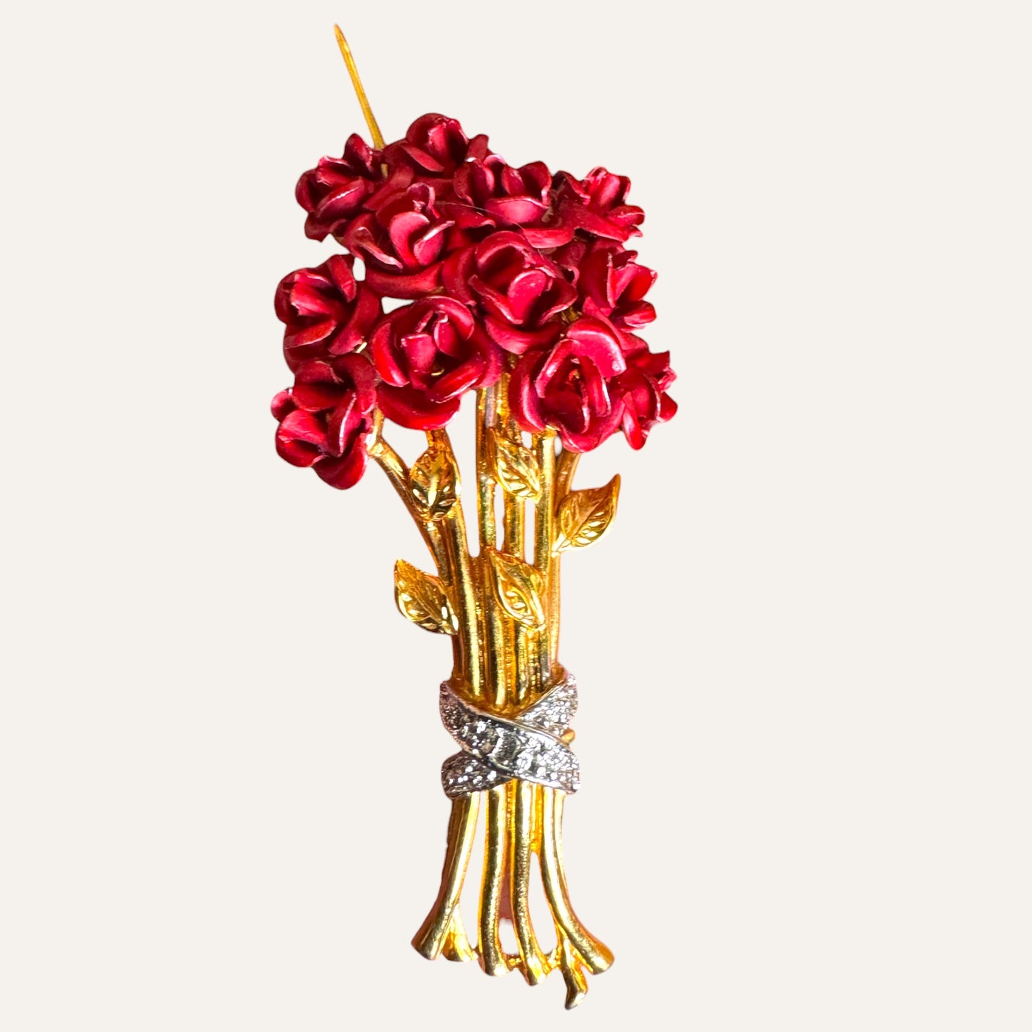 Vintage Danbury Mint Sterling Vermeil Rose Bouquet Brooch with Diamond Center