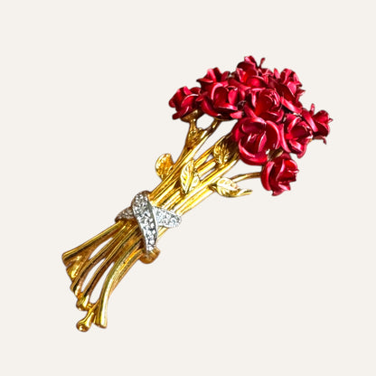 Vintage Danbury Mint Sterling Vermeil Rose Bouquet Brooch with Diamond Center