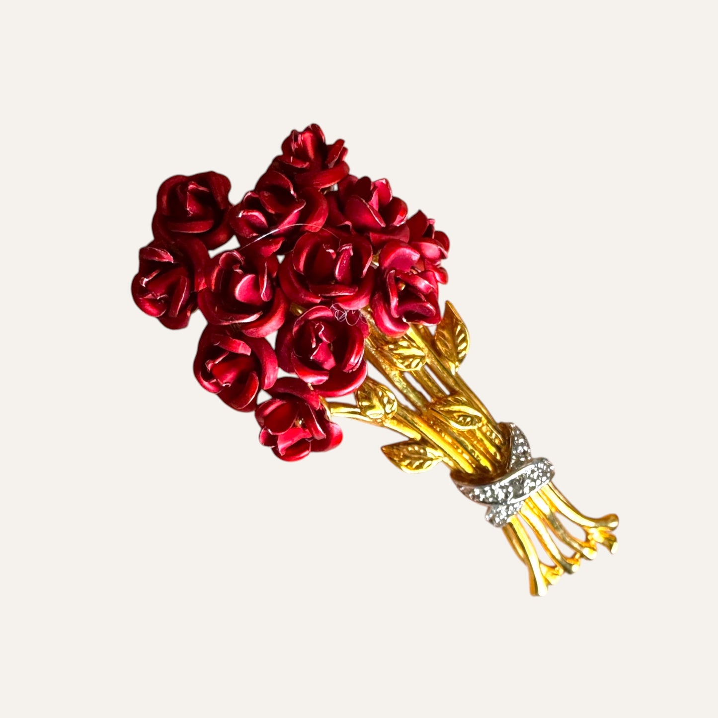 Vintage Danbury Mint Sterling Vermeil Rose Bouquet Brooch with Diamond Center