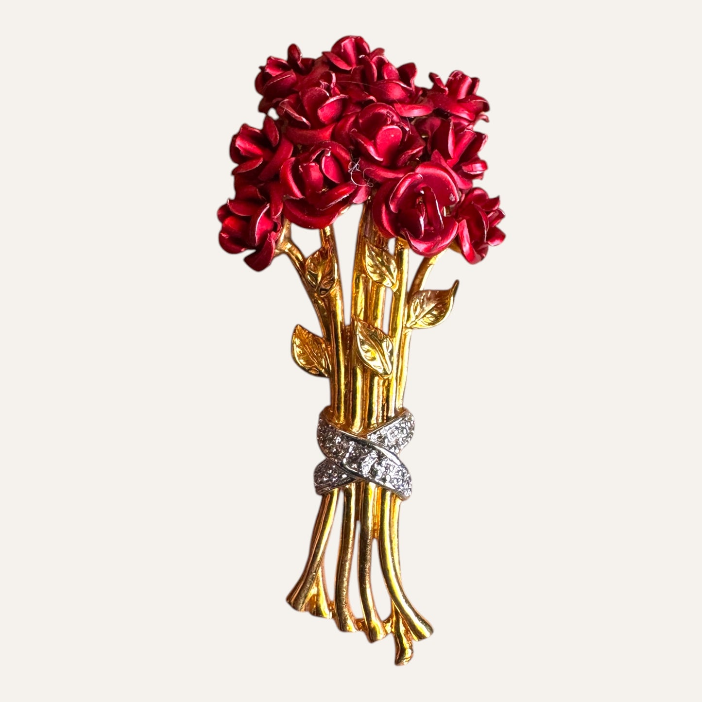 Vintage Danbury Mint Sterling Vermeil Rose Bouquet Brooch with Diamond Center