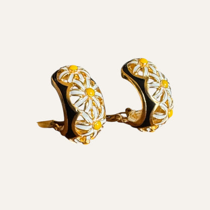Vintage Joan Rivers Black Enamel Floral Clip-On Earrings