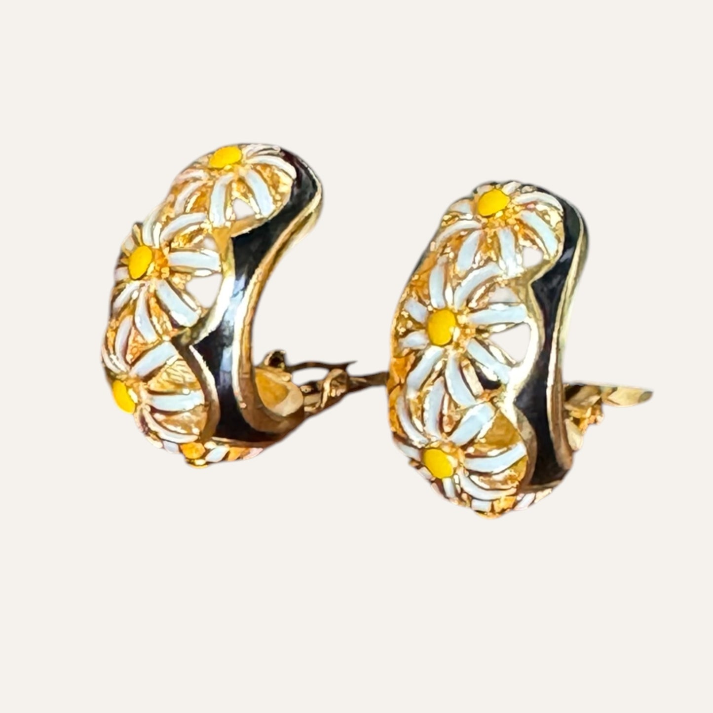Vintage Joan Rivers Black Enamel Floral Clip-On Earrings