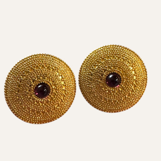 Vintage Francesca Visconti Textured Gold Tone Clip-On Earrings with Amethyst Glass Cabochon